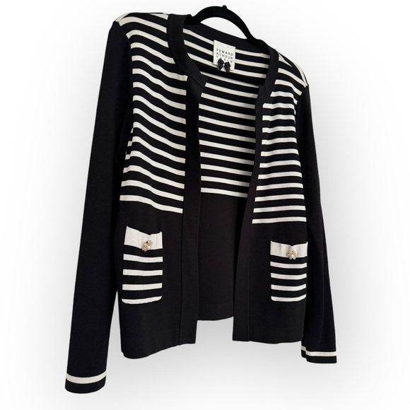 EDWARD ACHOUR PARIS $1039 Retail Open-front Striped Cardigan, M/L, Black/White - Picture 2 of 9